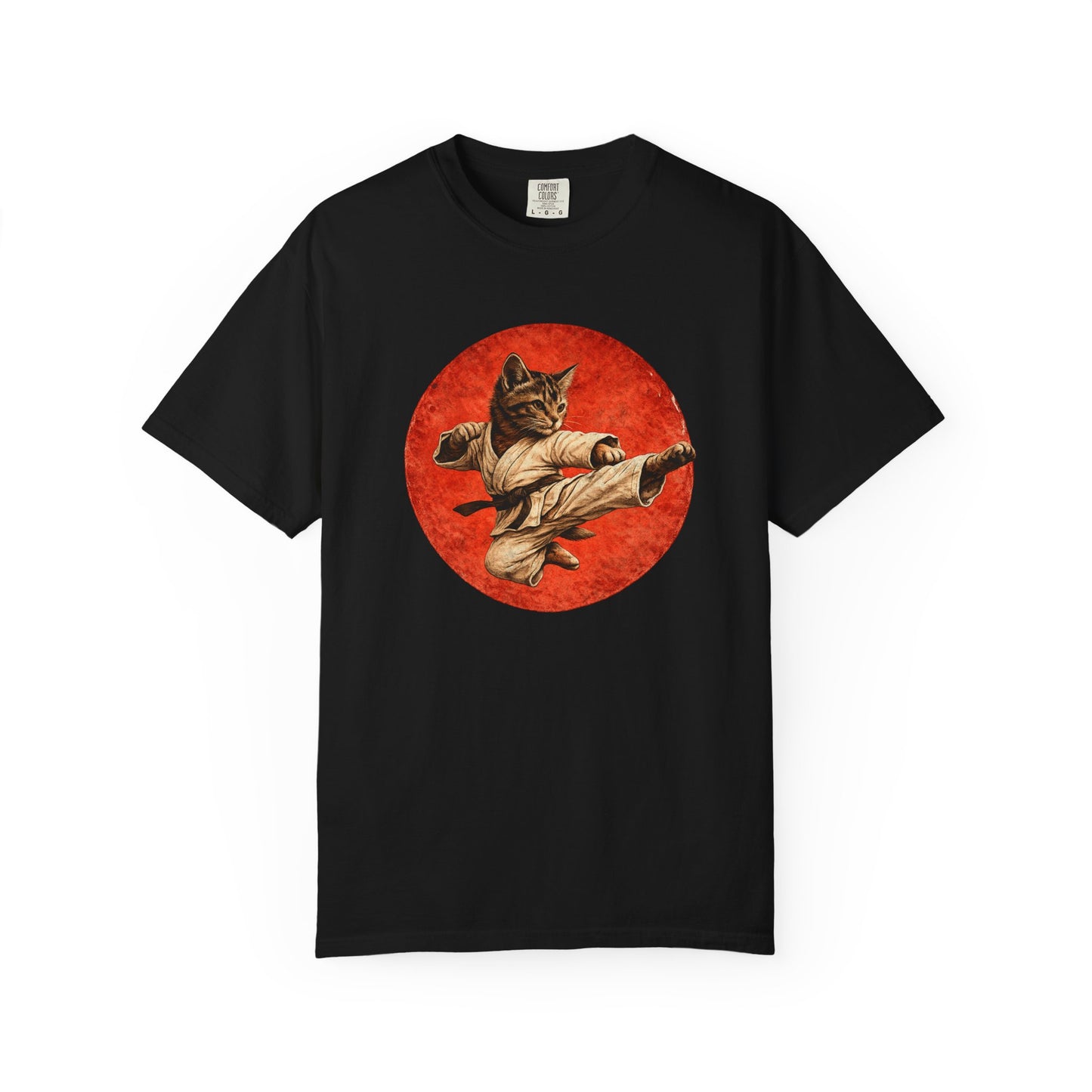 Vintage Retro Karate Kitten T-Shirt – Distressed Orange Circle Design