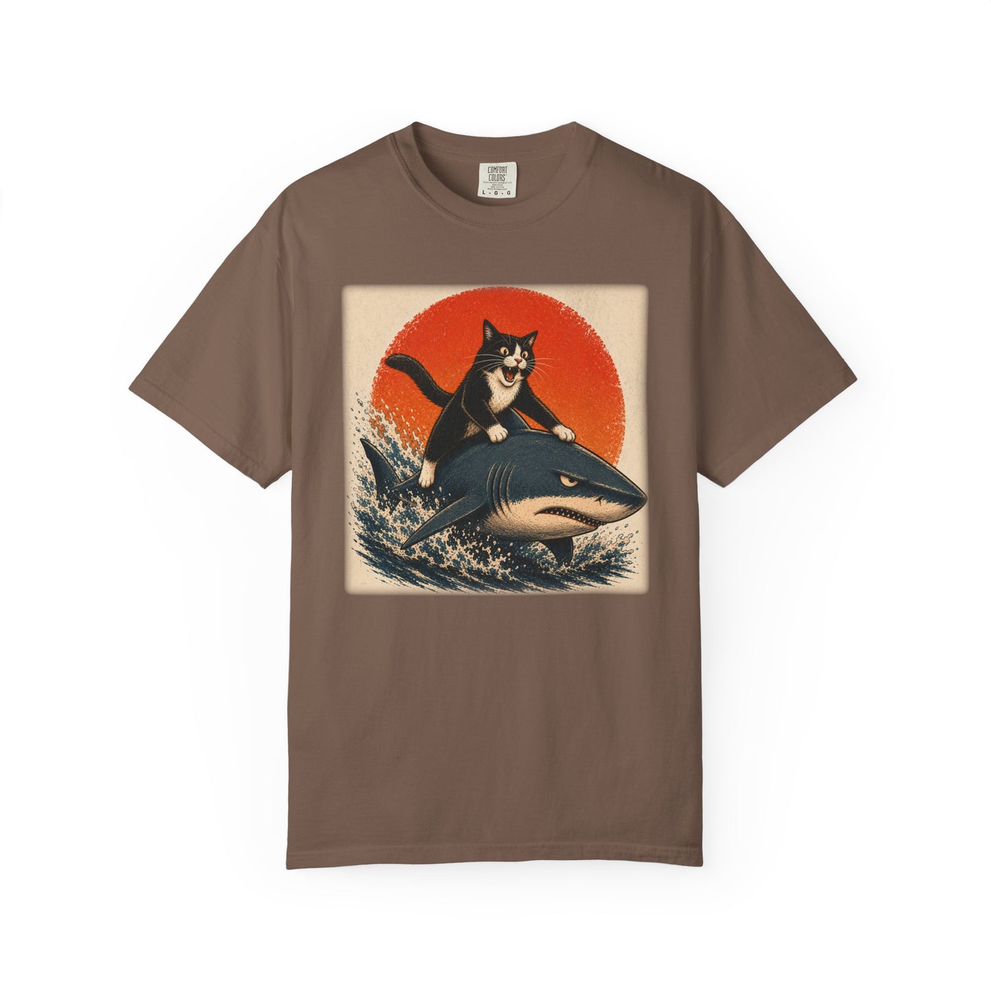 Retro Distressed Cat Riding Shark T-Shirt — Vintage Joyful Cat Surf Design