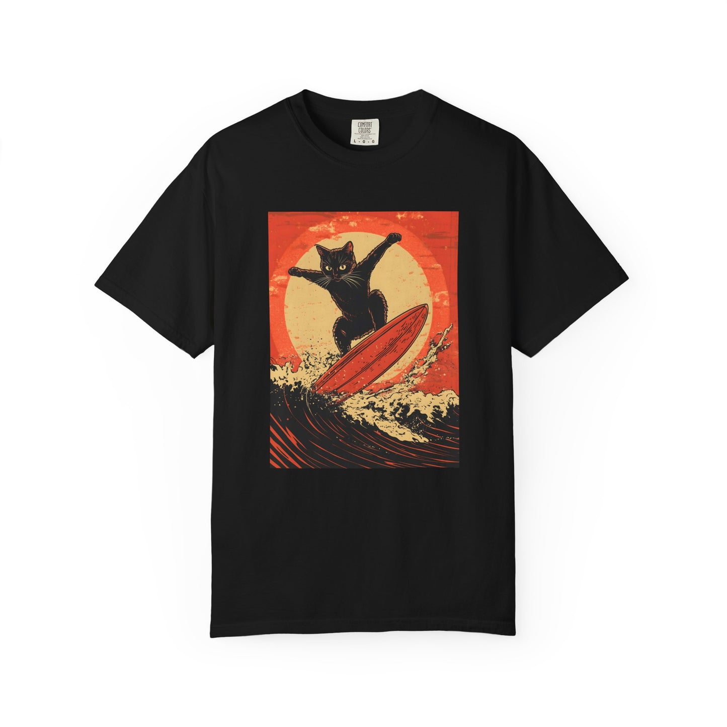 Retro Black Cat Surfing T-Shirt — Vintage Surf Poster Tee