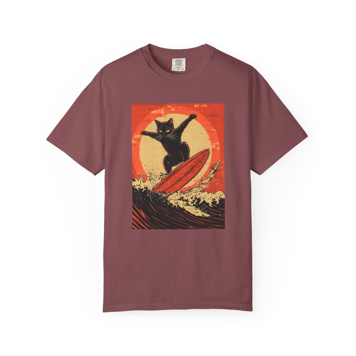 Retro Black Cat Surfing T-Shirt — Vintage Surf Poster Tee