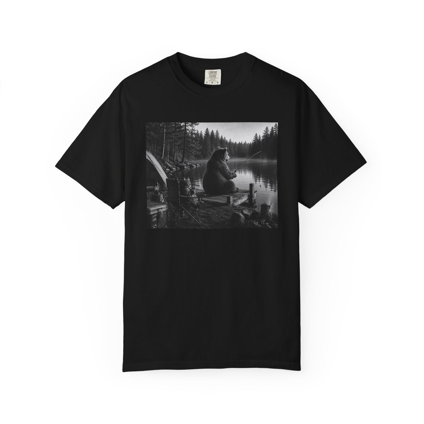 Campground Bear & Cat Fishing T-Shirt — Daytime Camping Scene, 'Coffee & Catch'