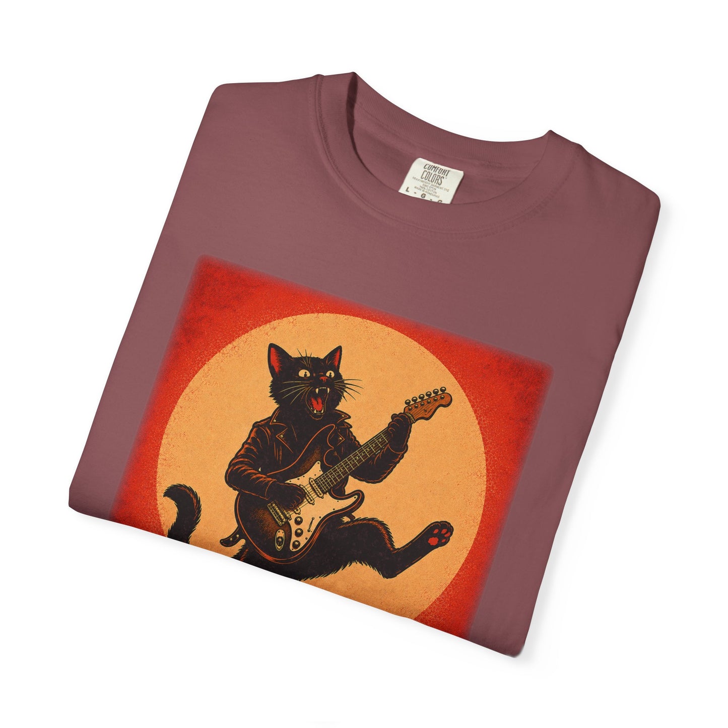 Retro Distressed Black Cat Rocker T-Shirt — Jumping Guitar Vintage Tee