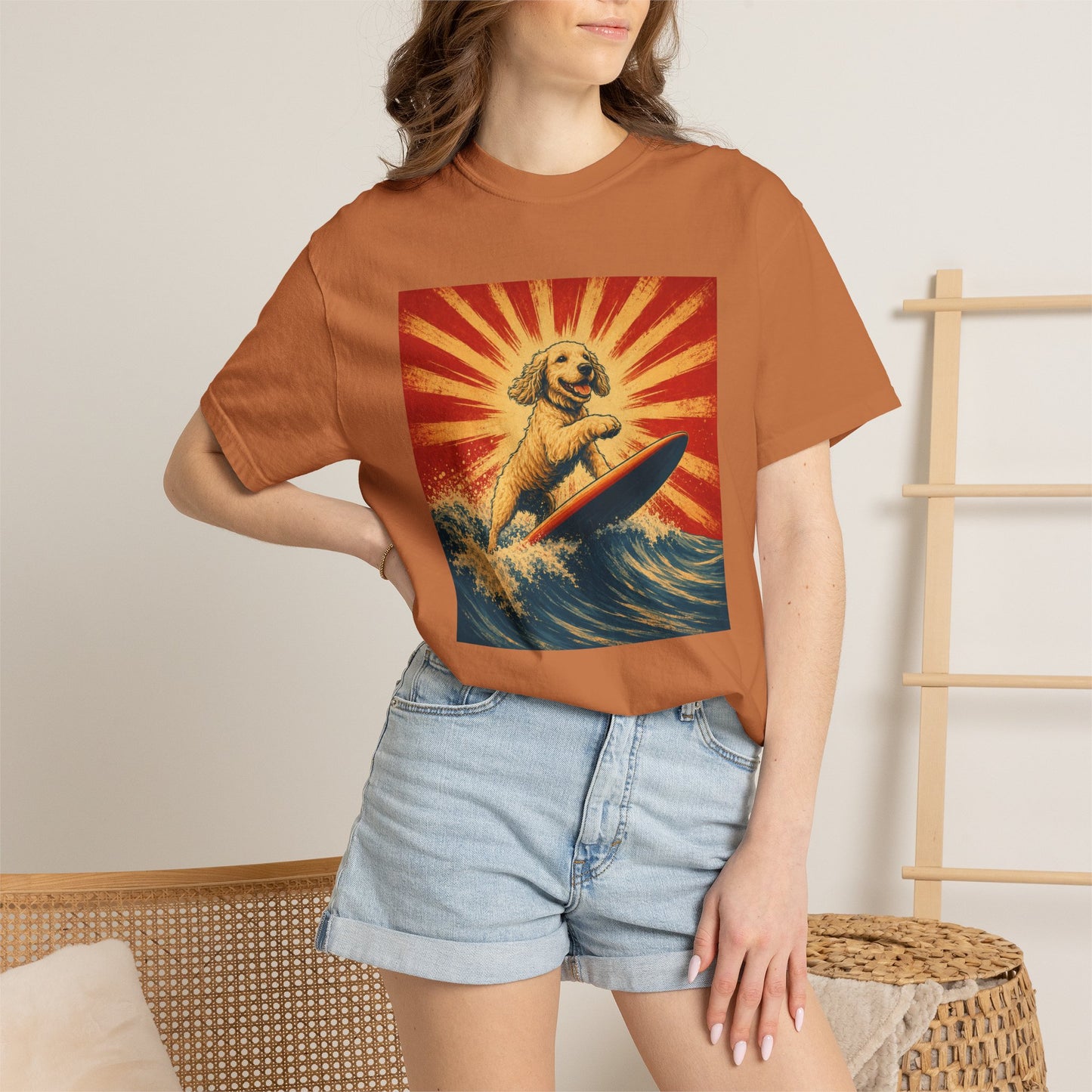 Retro Surfing Doodle Dog T-Shirt | Vintage Beach Dog Graphic Tee | Funny Coastal Summer Shirt