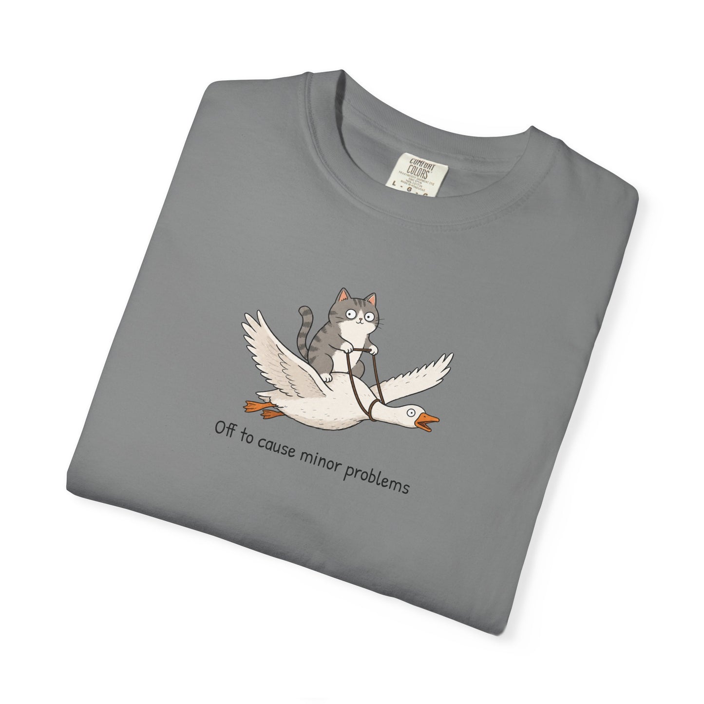 Off to Cause Minor Problems Shirt | Funny Cat Riding Goose Graphic Tee | Cute Comfort Colors® T-Shirt