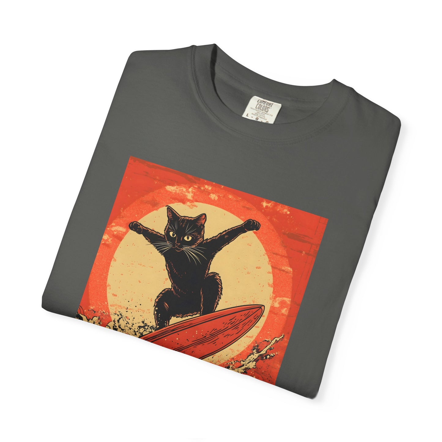 Retro Black Cat Surfing T-Shirt — Vintage Surf Poster Tee