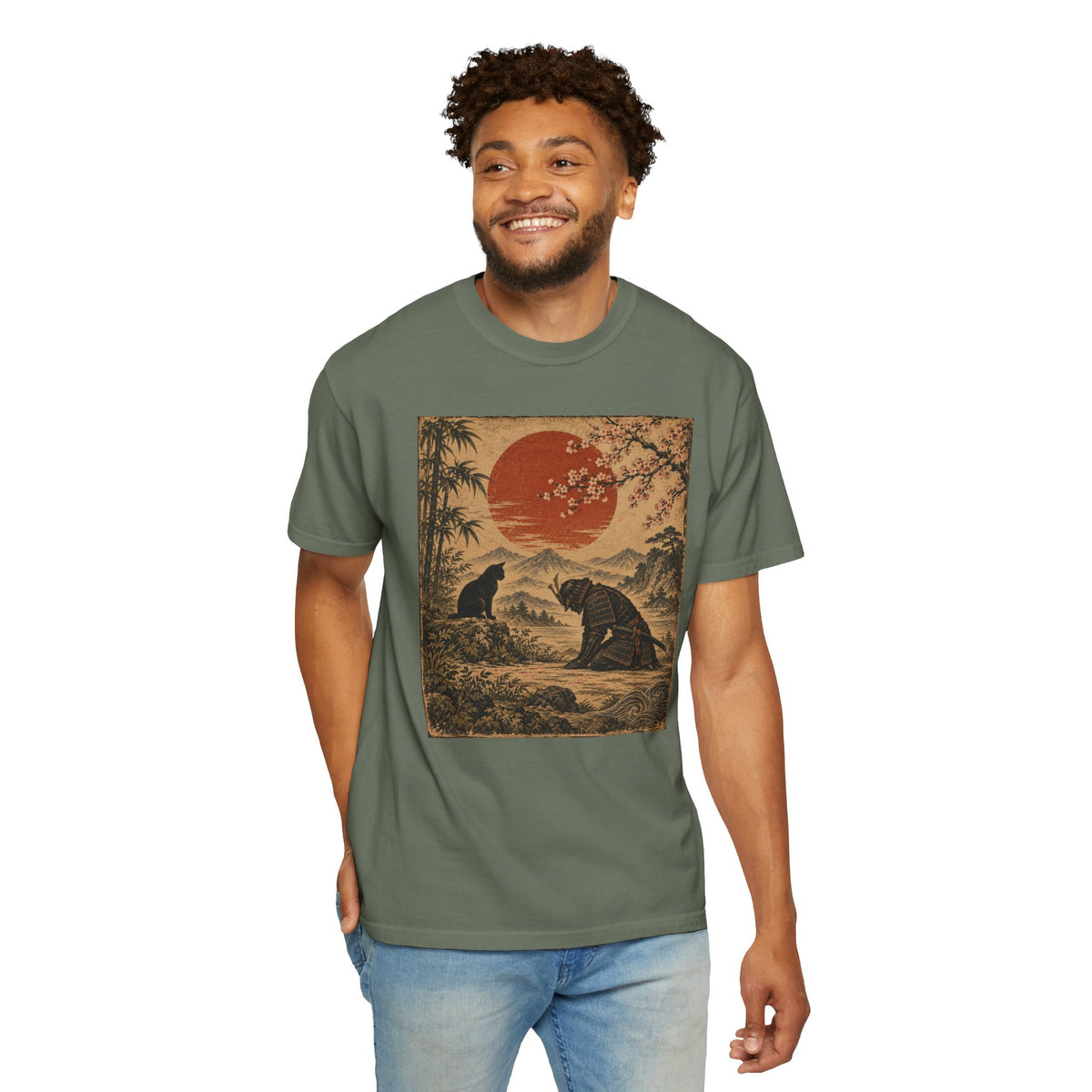 Vintage Japanese-Inspired Samurai & Black Cat Shirt Graphic Tee