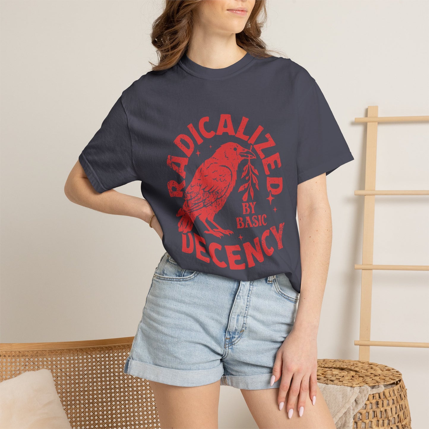 Radicalized by Basic Decency T-Shirt — Vintage Raven Distressed Graphic Tee