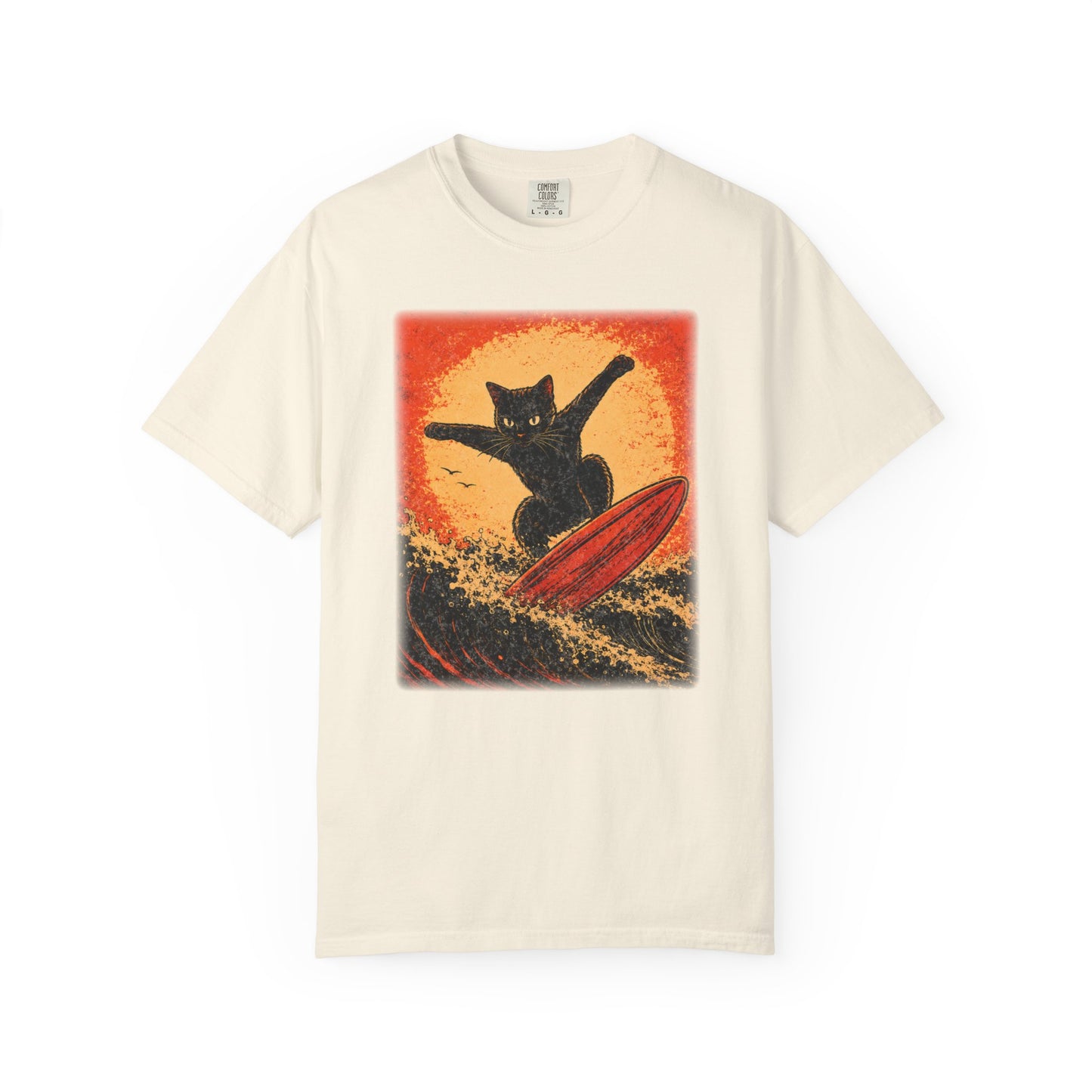 Retro Black Cat Surfing T-Shirt — Vintage Surf Poster Tee
