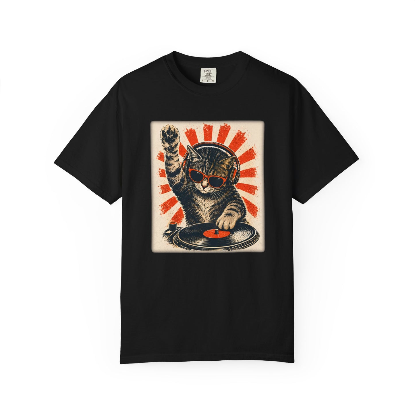 Retro DJ Cat T-Shirt — Vintage Sunburst Distressed Poster Design