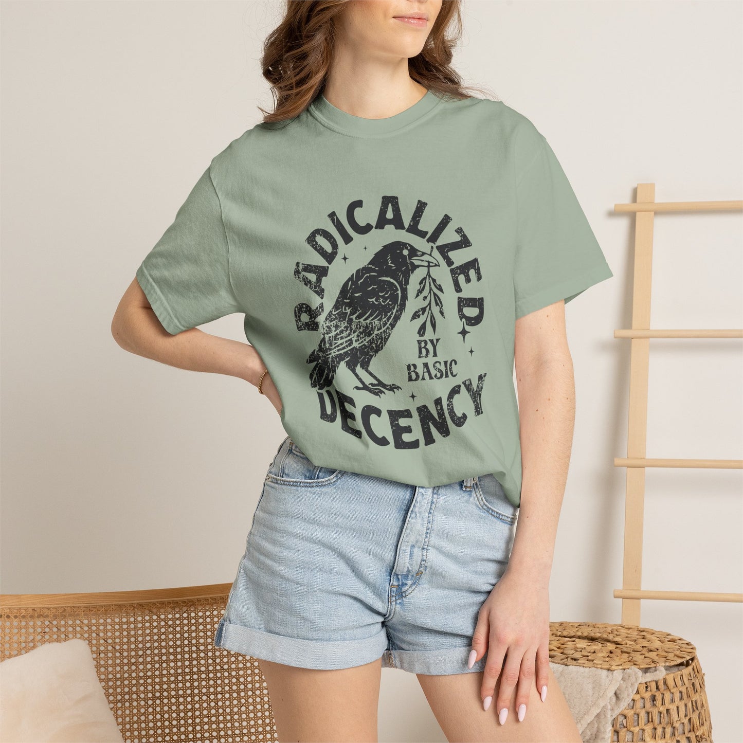 Radicalized by Basic Decency T-Shirt — Vintage Raven Distressed Graphic Tee