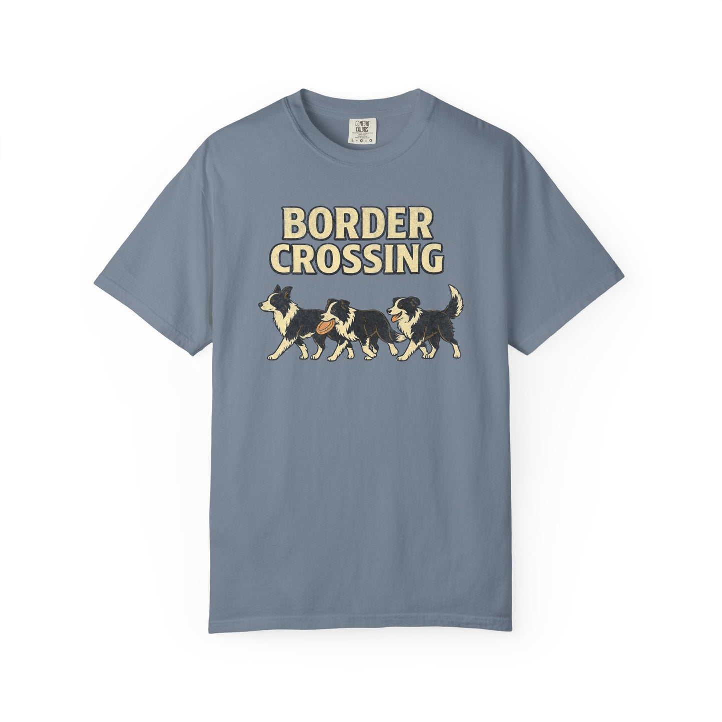 Vintage Graphic Border Collie 'Border Crossing' T-Shirt, Funny Gift for Border Collie and Dog Lovers