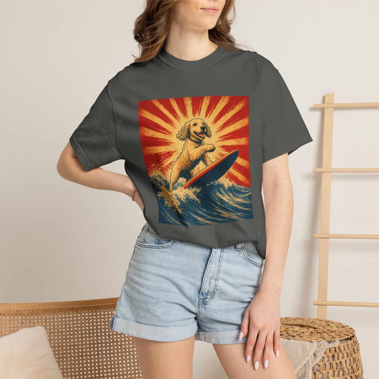 Retro Surfing Doodle Dog T-Shirt | Vintage Beach Dog Graphic Tee | Funny Coastal Summer Shirt