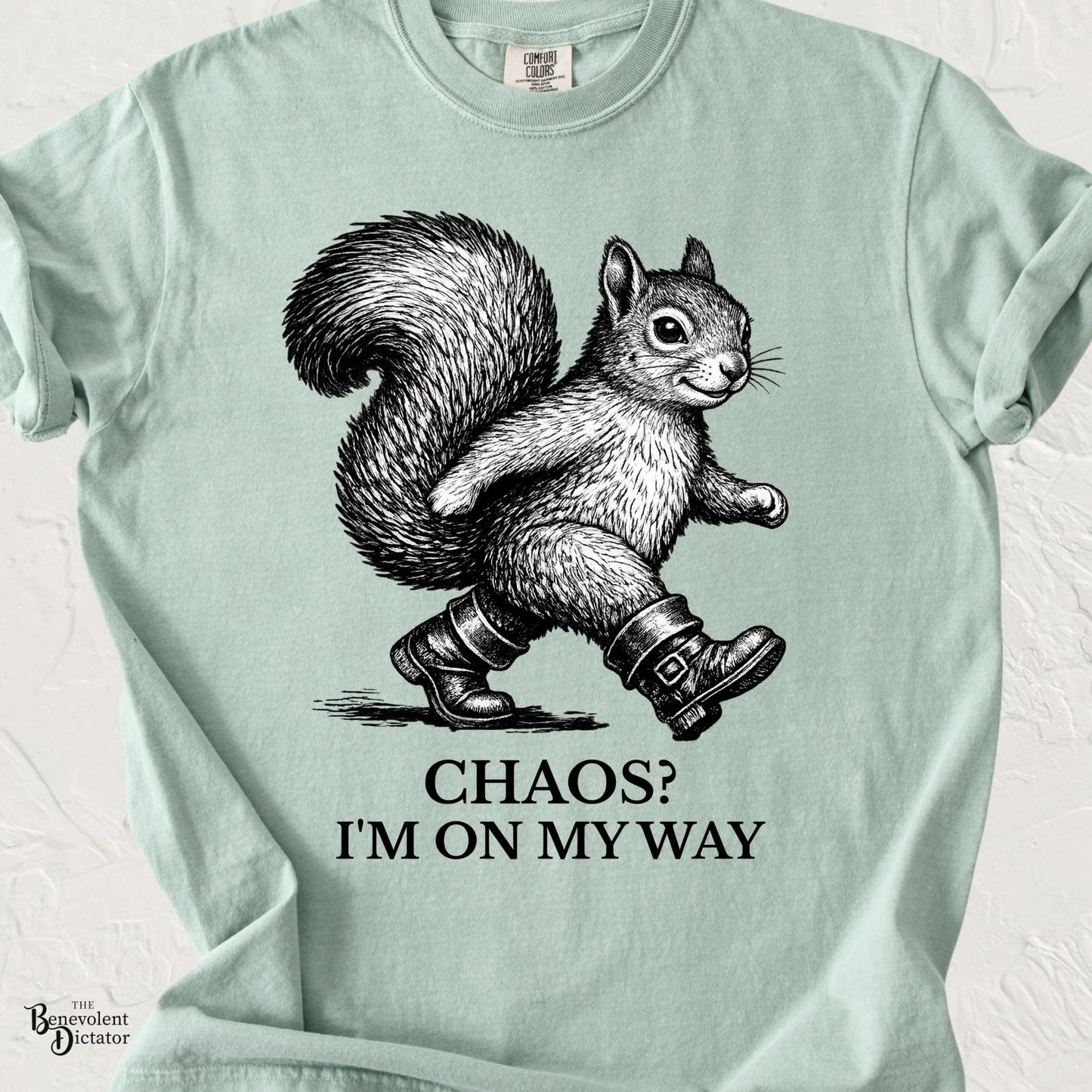 Funny squirrel t-shirt featuring a cute squirrel in boots with the phrase Chaos? I’m On My Way.