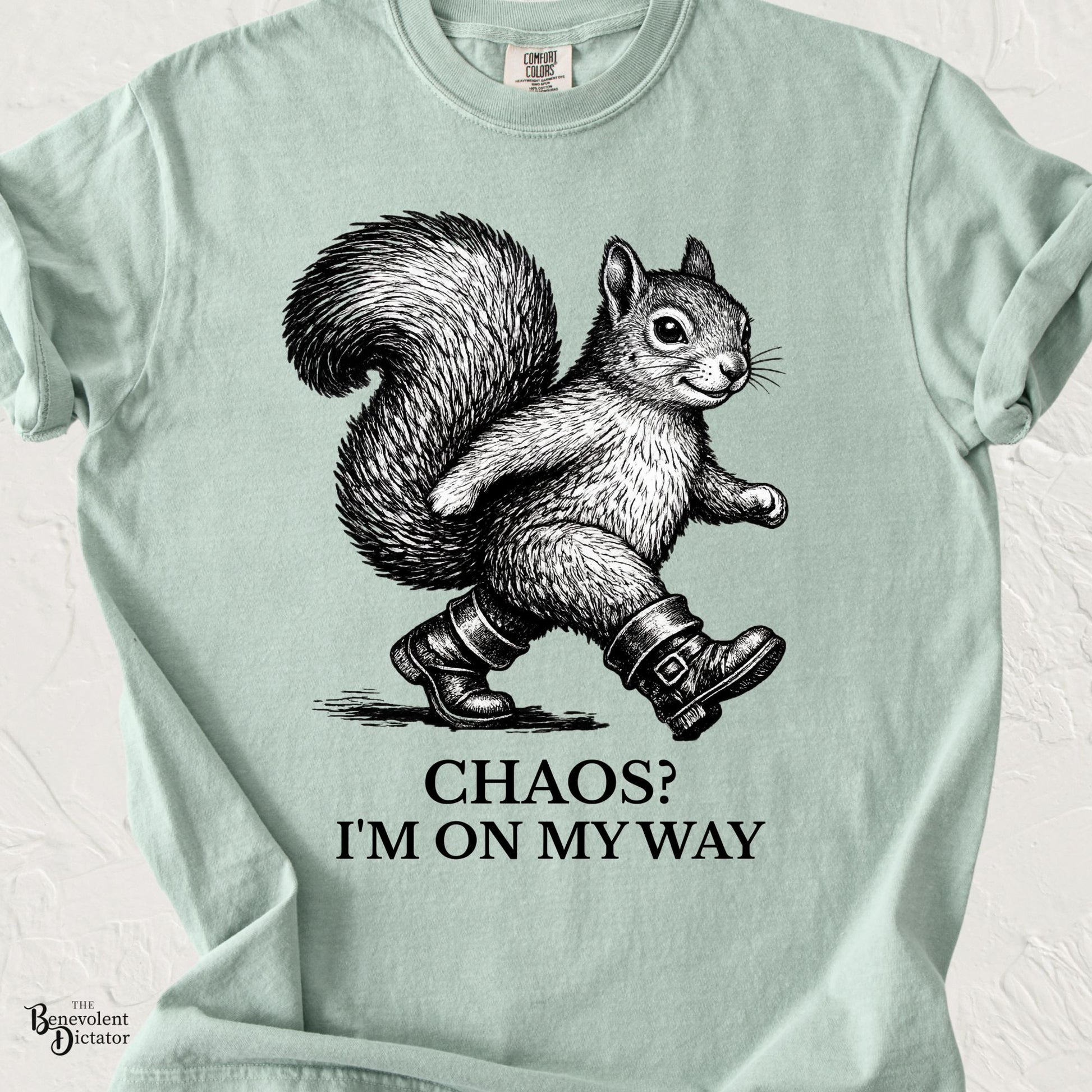 Funny squirrel t-shirt featuring a cute squirrel in boots with the phrase Chaos? I’m On My Way.