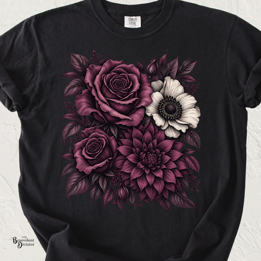 Plum Noir Vintage Burgundy Rose Garden Graphic T-Shirt