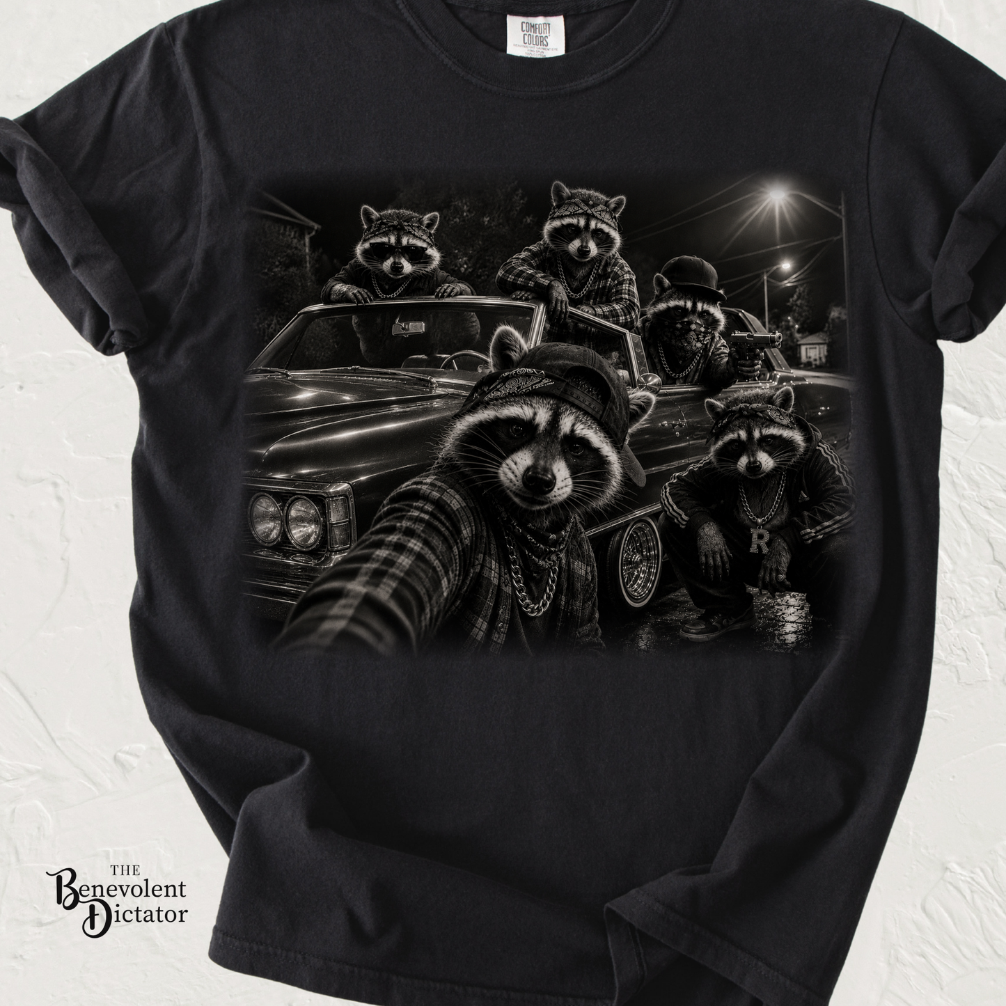 Gangsta Raccoons in 70s Lincoln Convertible T-Shirt