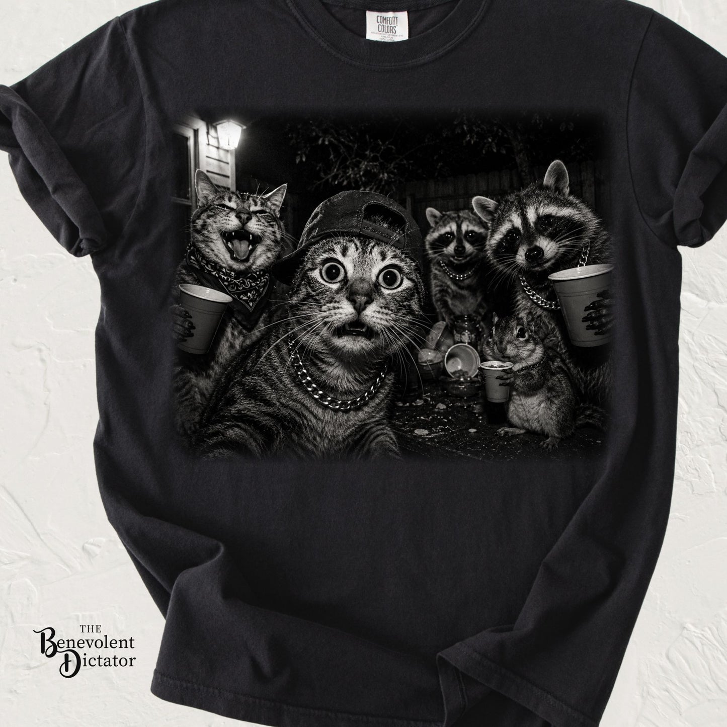 Backyard Midnight Party T-Shirt — Raccoons, Cats & Squirrels Porch Party Design