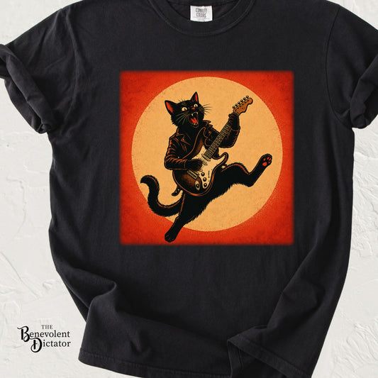 Retro Distressed Black Cat Rocker T-Shirt — Jumping Guitar Vintage Tee