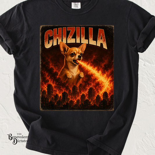Chizilla Chihuahua T-Shirt — Godzilla Parody Fire-Breathing Dog Tee