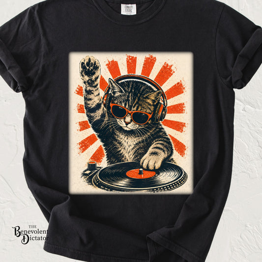 Retro DJ Cat T-Shirt — Vintage Sunburst Distressed Poster Design