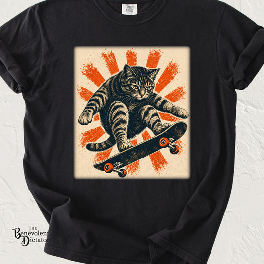 Skateboarding Cat Graphic T-Shirt | Retro Sunburst Skateboard Tee