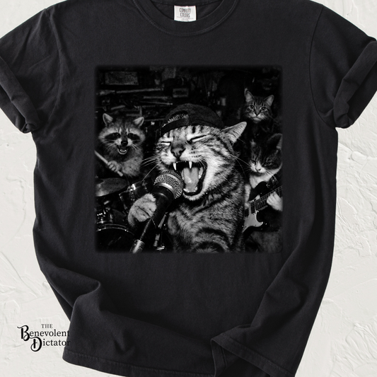 Garage Band Animals T-Shirt — 'Rocking Out' Cat & Squirrel Photorealistic Tee