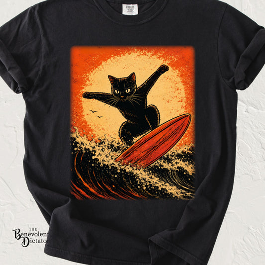Retro Black Cat Surfing T-Shirt — Vintage Surf Poster Tee