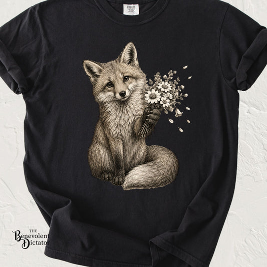 Cute Fox Holding Wildflower Bouquet T-Shirt — Gift, Nature Lover Tee