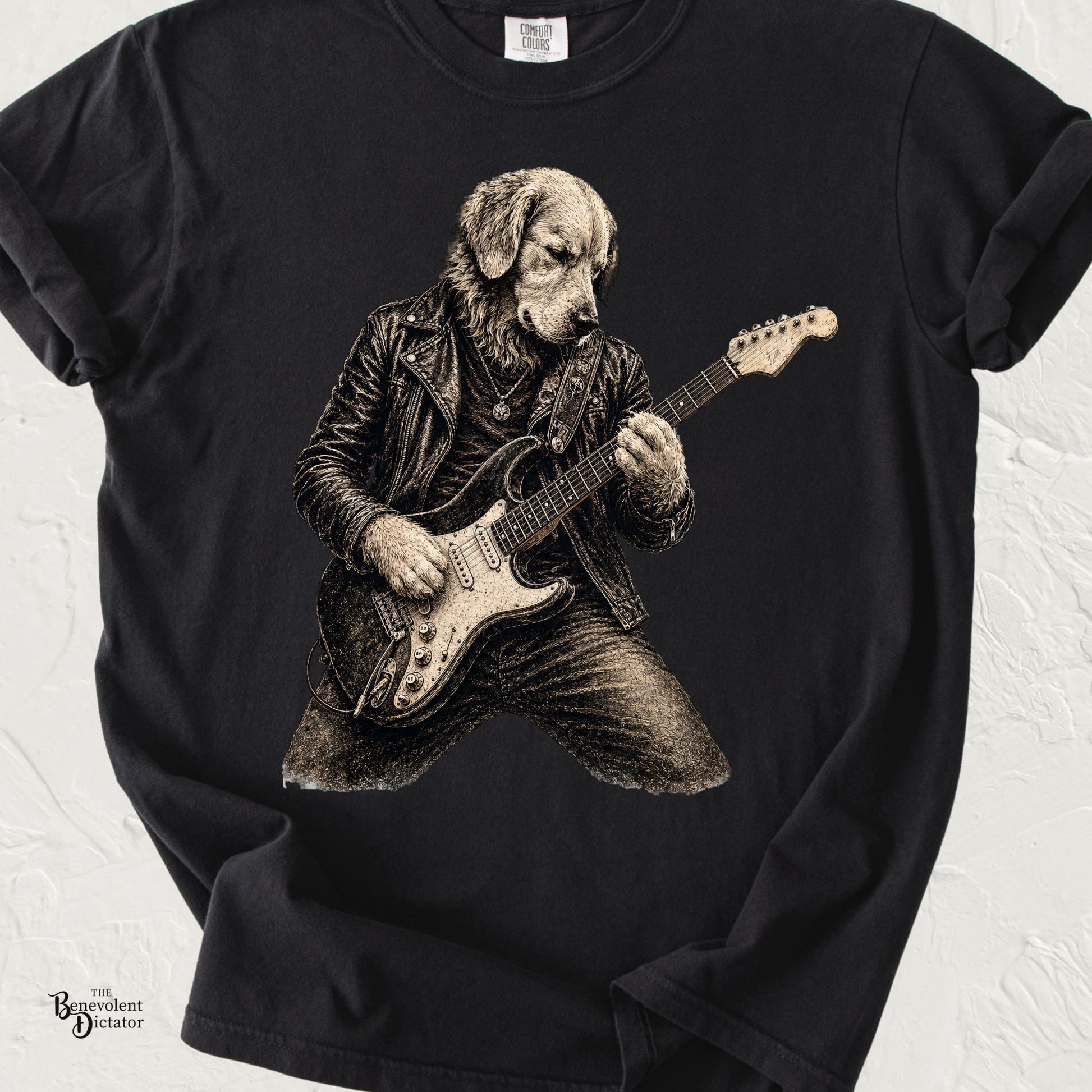 Golden retriever playing electric guitar in vintage distressed rock band style graphic