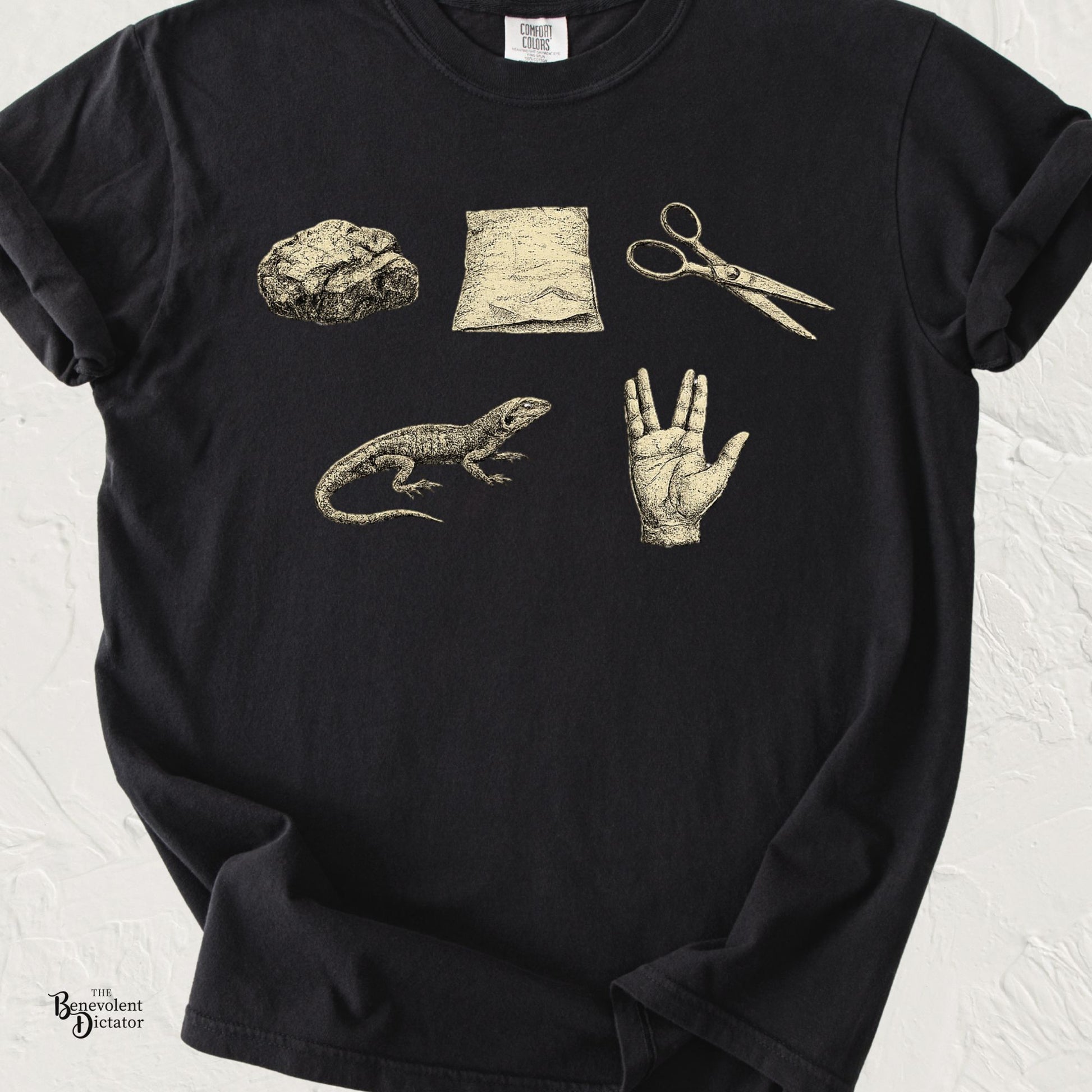 Vintage Rock Paper Scissors Lizard Spock graphic t-shirt featuring illustrated rock, paper, scissors, lizard, and Vulcan salute hand symbols on a black shirt.