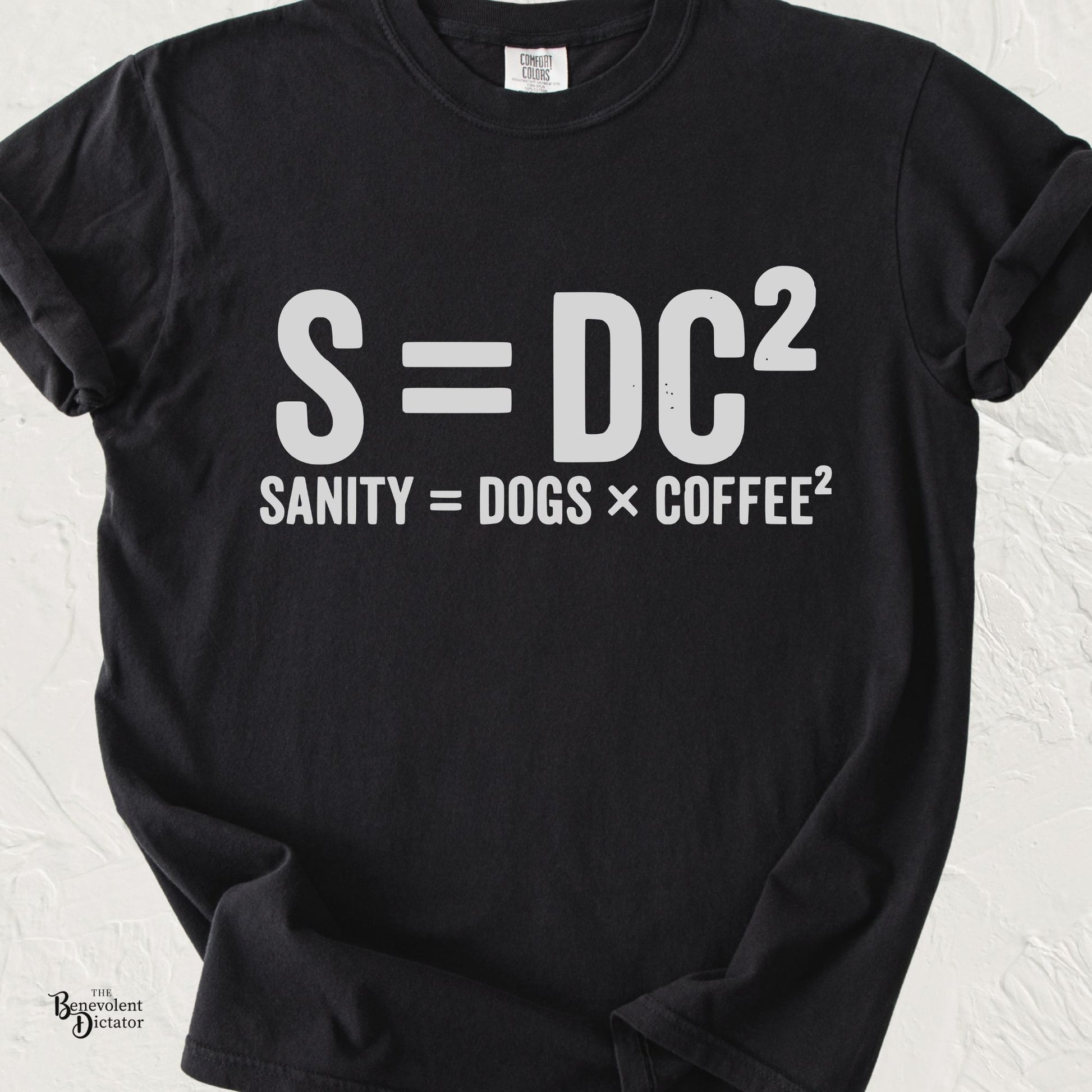 Funny typography T-shirt featuring the parody equation "S = DC²" with the caption "Sanity = Dogs × Coffee²" in distressed white lettering on a black Comfort Colors shirt.