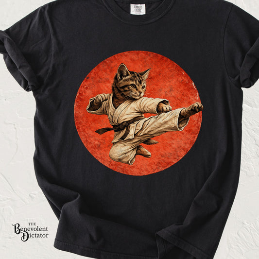 Vintage Retro Karate Kitten T-Shirt – Distressed Orange Circle Design
