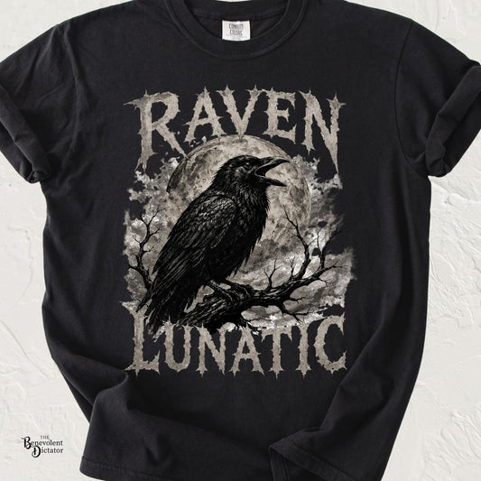 Black raven perched on a tree branch in front of a full moon with the words "Raven Lunatic" in distressed gothic lettering.