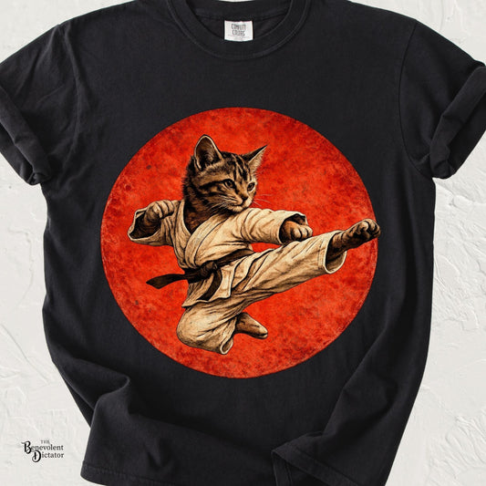 Vintage Retro Karate Kitten T-Shirt – Distressed Orange Circle Design