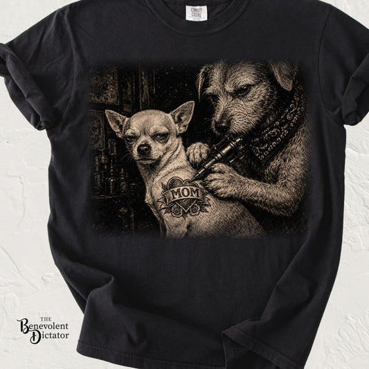 Tattoo Parlor Dogs T-Shirt — 'MOM' Chihuahua Tattoo Night Vibe