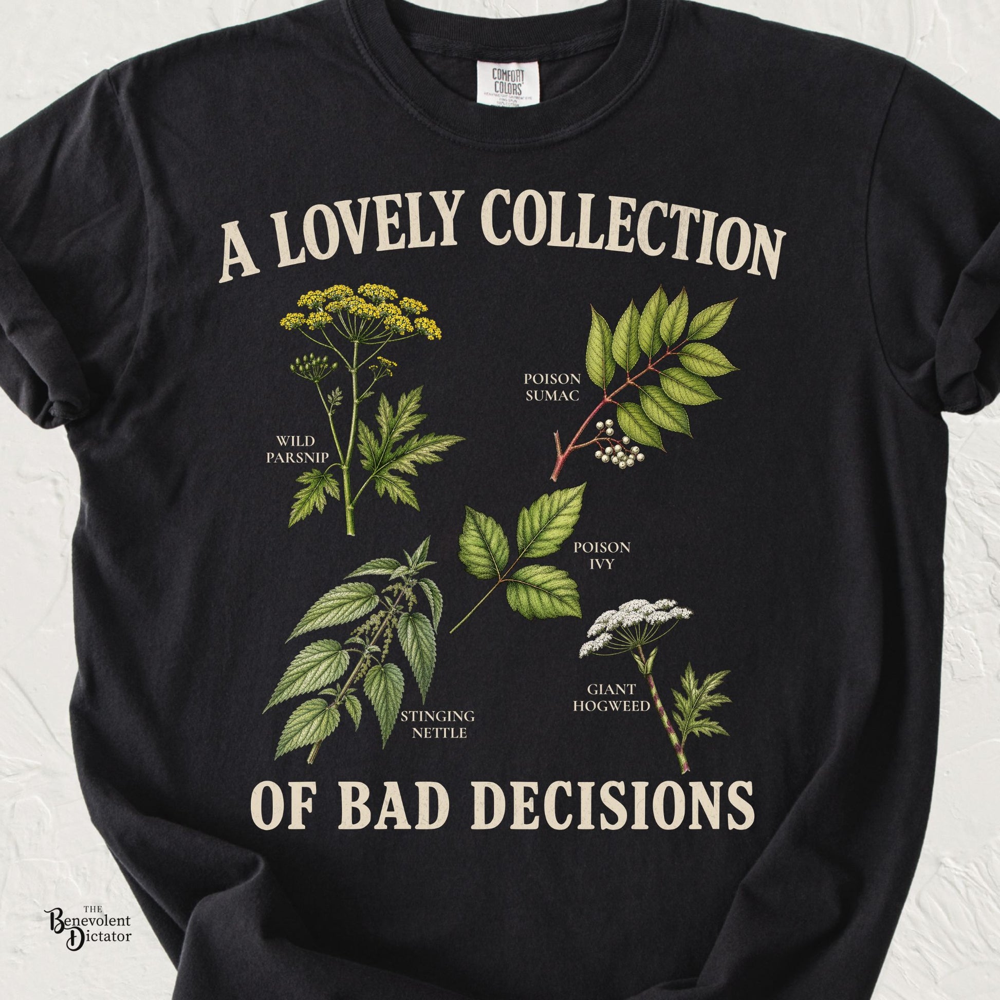 A Lovely Collection of Bad Decisions botanical t-shirt featuring vintage illustrations of wild parsnip, poison sumac, poison ivy, stinging nettle, and giant hogweed.
