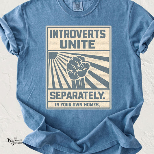 Black Comfort Colors t-shirt featuring a vintage-style retro graphic with the phrase “Introverts Unite Separately. In Your Own Homes.” in muted steel blue and cream distressed typography.