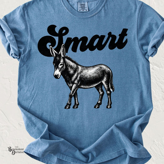 Vintage black and white donkey illustration with the word "Smart" in bold retro script, creating a humorous "Smart Ass" graphic on a transparent background.