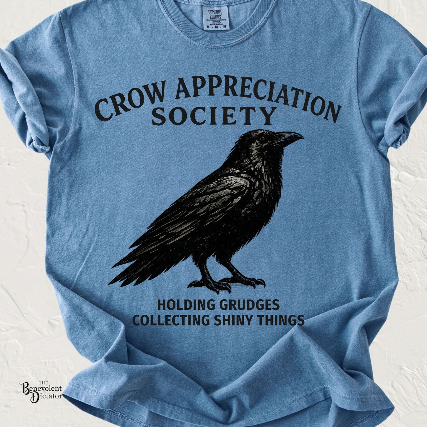 A light blue crewneck t-shirt featuring a black graphic of a raven with the text 'CROW APPRECIATION SOCIETY' and 'HOLDING GRUDGES COLLECTING SHINY THINGS' printed on the front.