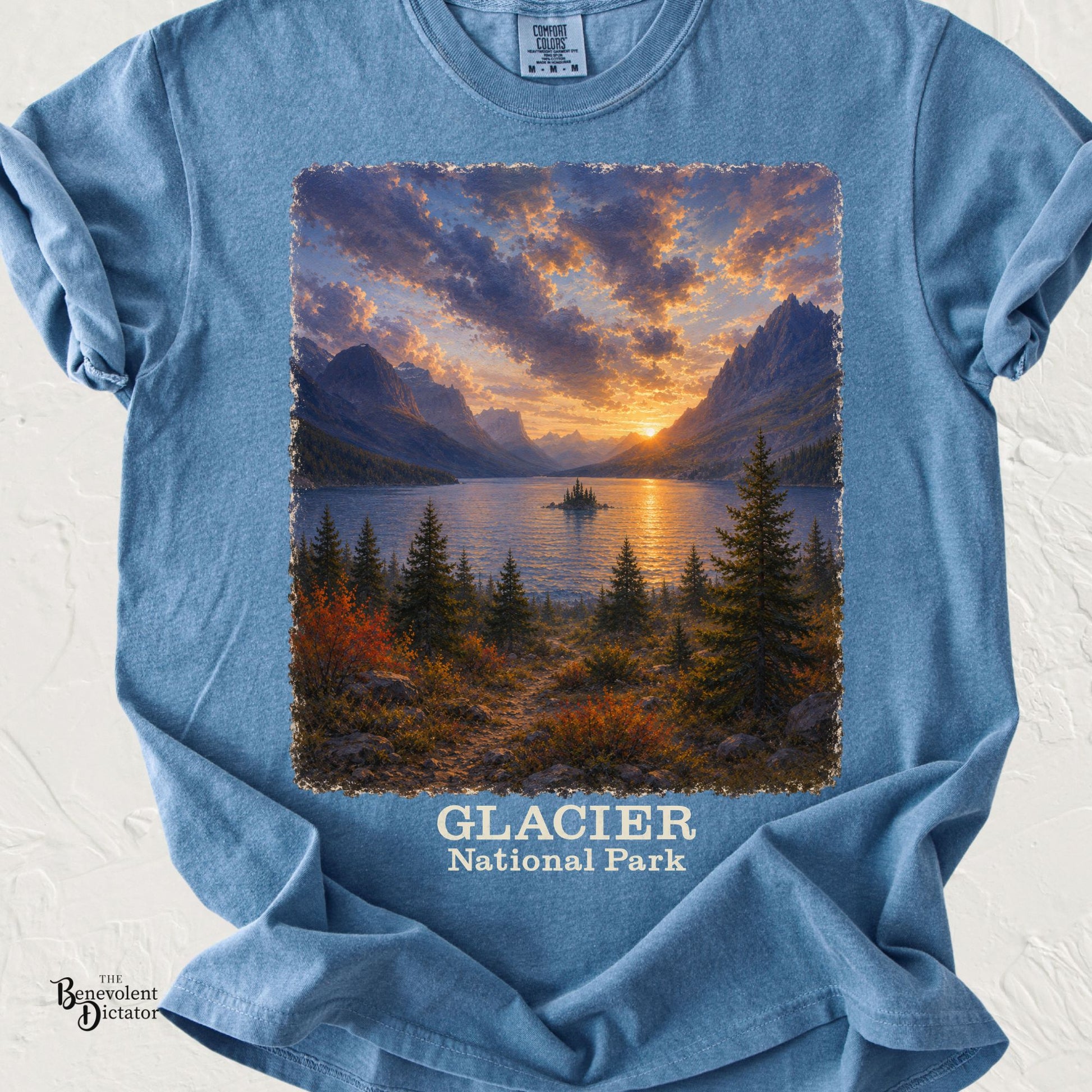 Vintage Yellowstone National Park shirt featuring grazing bison, steaming geyser and golden sunset on a Comfort Colors tee.