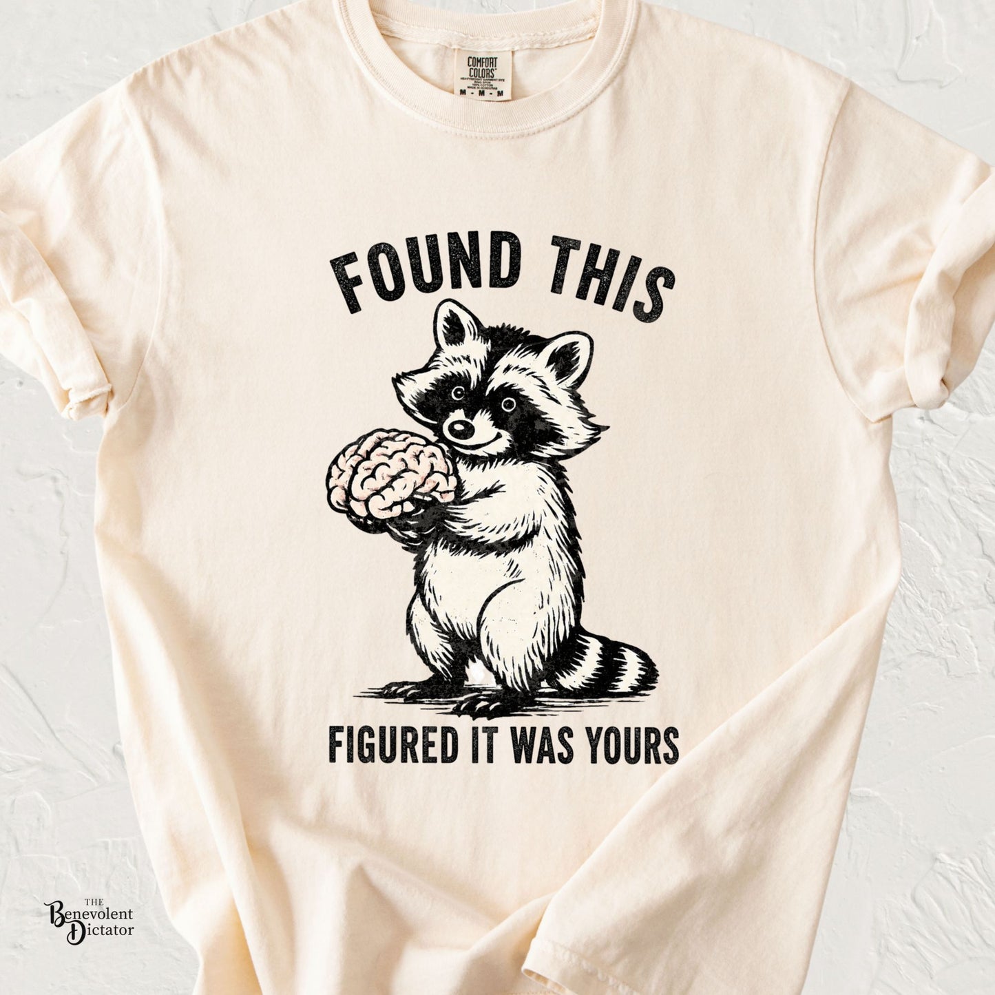 Found This Raccoon Holding Brain T-Shirt — "FOUND THIS / FIGURED IT WAS YOURS"