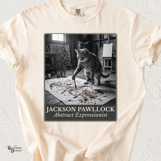 Vintage-inspired graphic of a tabby cat painting an abstract expressionist canvas with the humorous text "Jackson Pawllock – Abstract Expressionist."