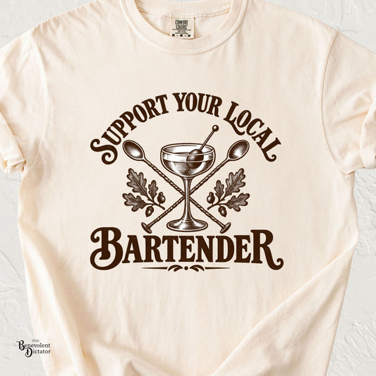 Support Your Local Bartender graphic tee with vintage cocktail glass, bar spoons, and botanical illustration