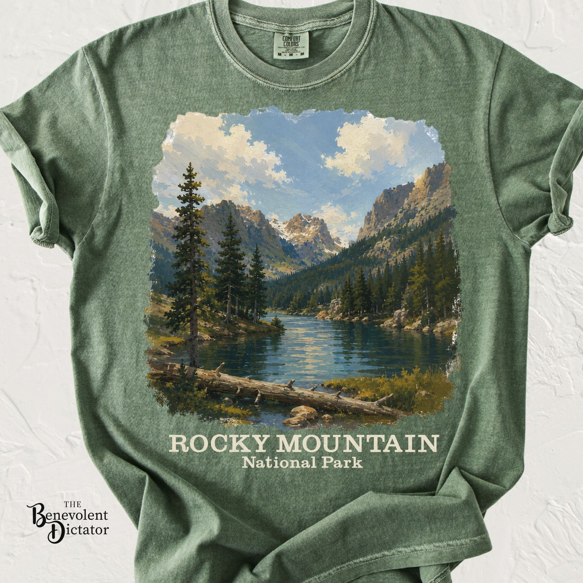 Vintage-inspired Rocky Mountain National Park landscape featuring alpine lake, pine trees and mountain peaks on a Comfort Colors shirt.
