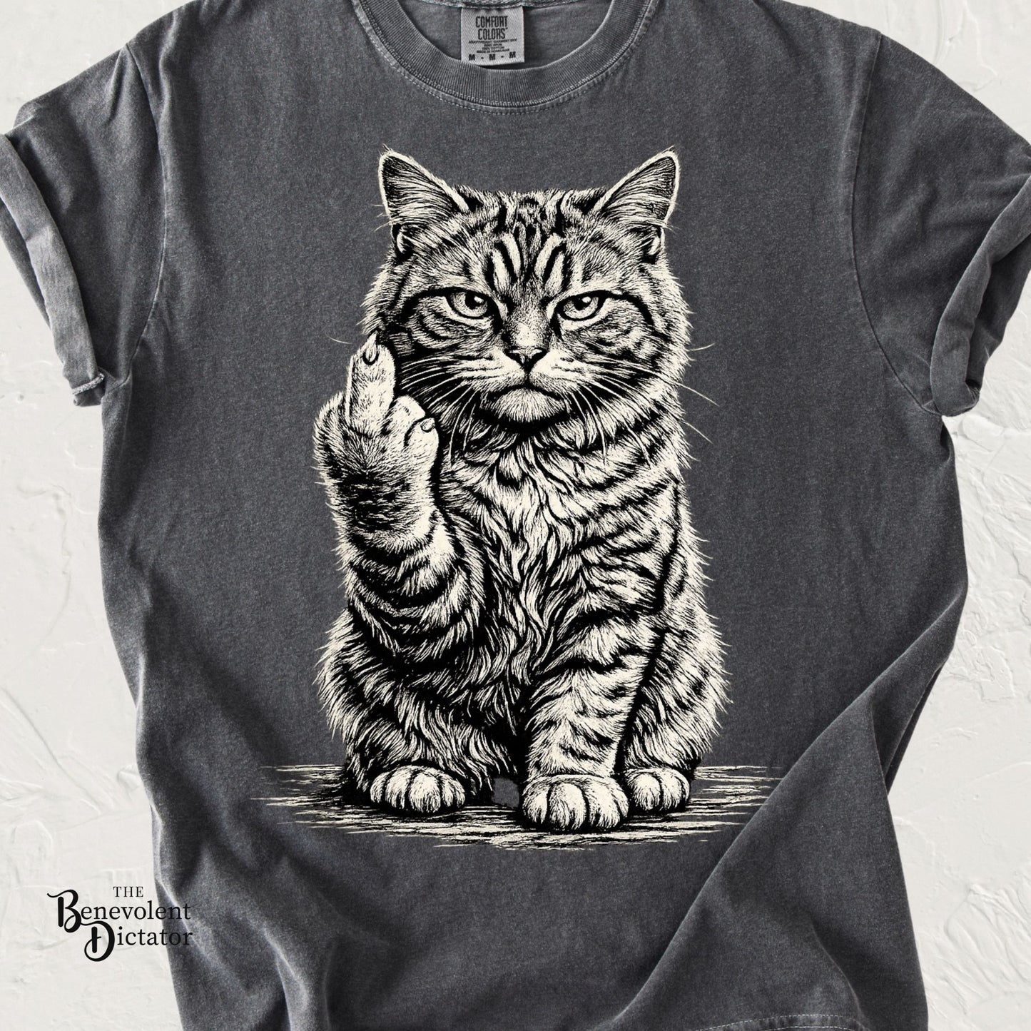 Funny cat t-shirt featuring a detailed cat flipping the middle finger in vintage monochrome artwork.