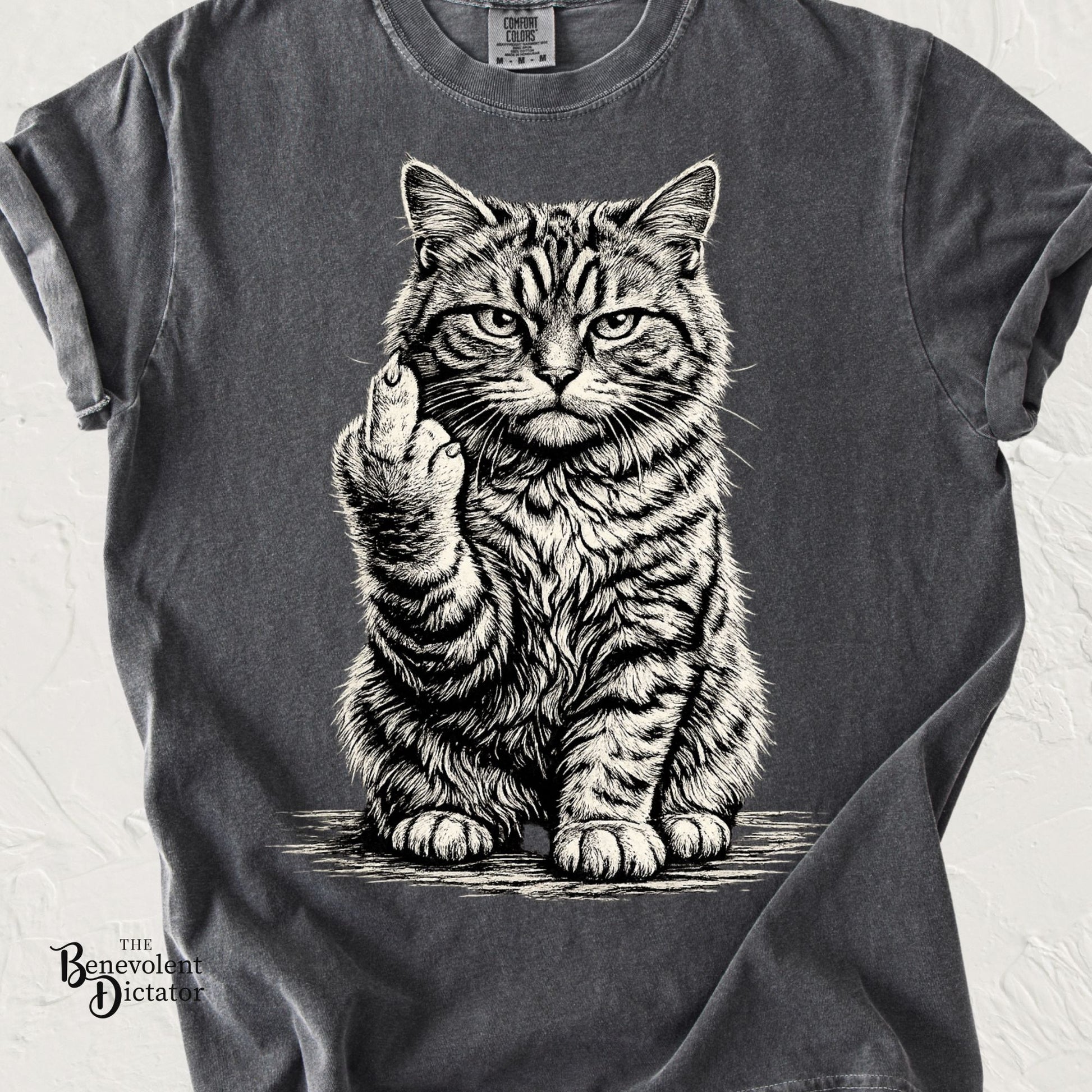 Funny cat t-shirt featuring a detailed cat flipping the middle finger in vintage monochrome artwork.