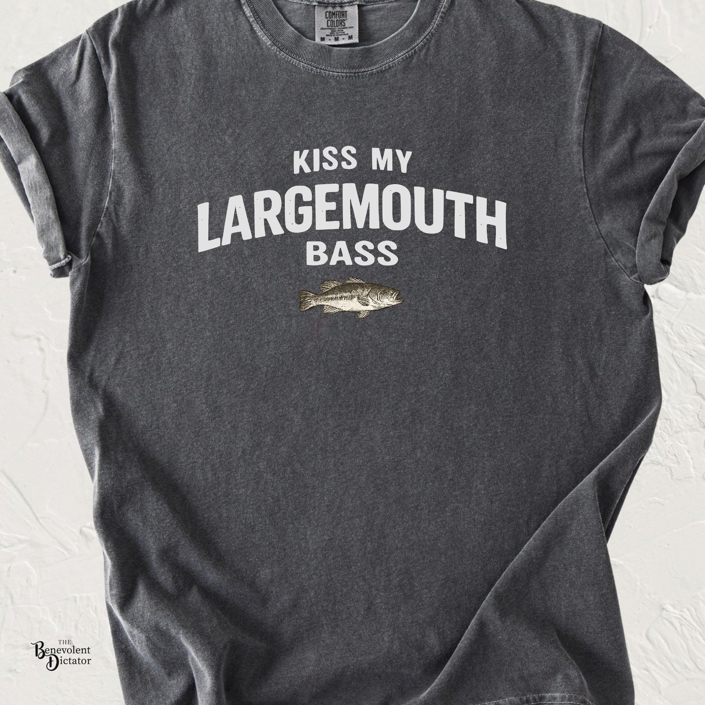 Fishing t-shirt featuring the phrase Kiss My Largemouth Bass with a bass fish illustration in bold vintage lettering.