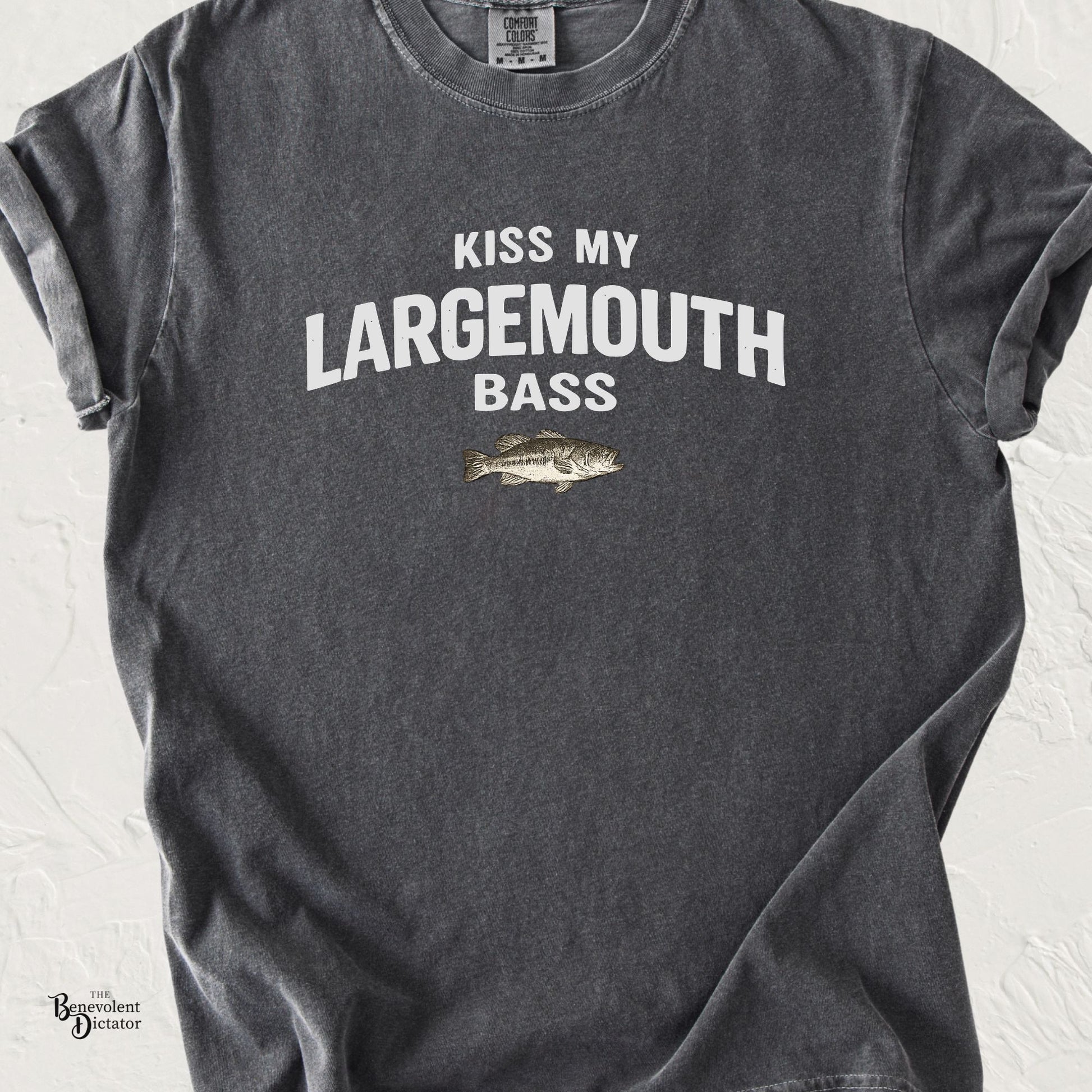 Fishing t-shirt featuring the phrase Kiss My Largemouth Bass with a bass fish illustration in bold vintage lettering.