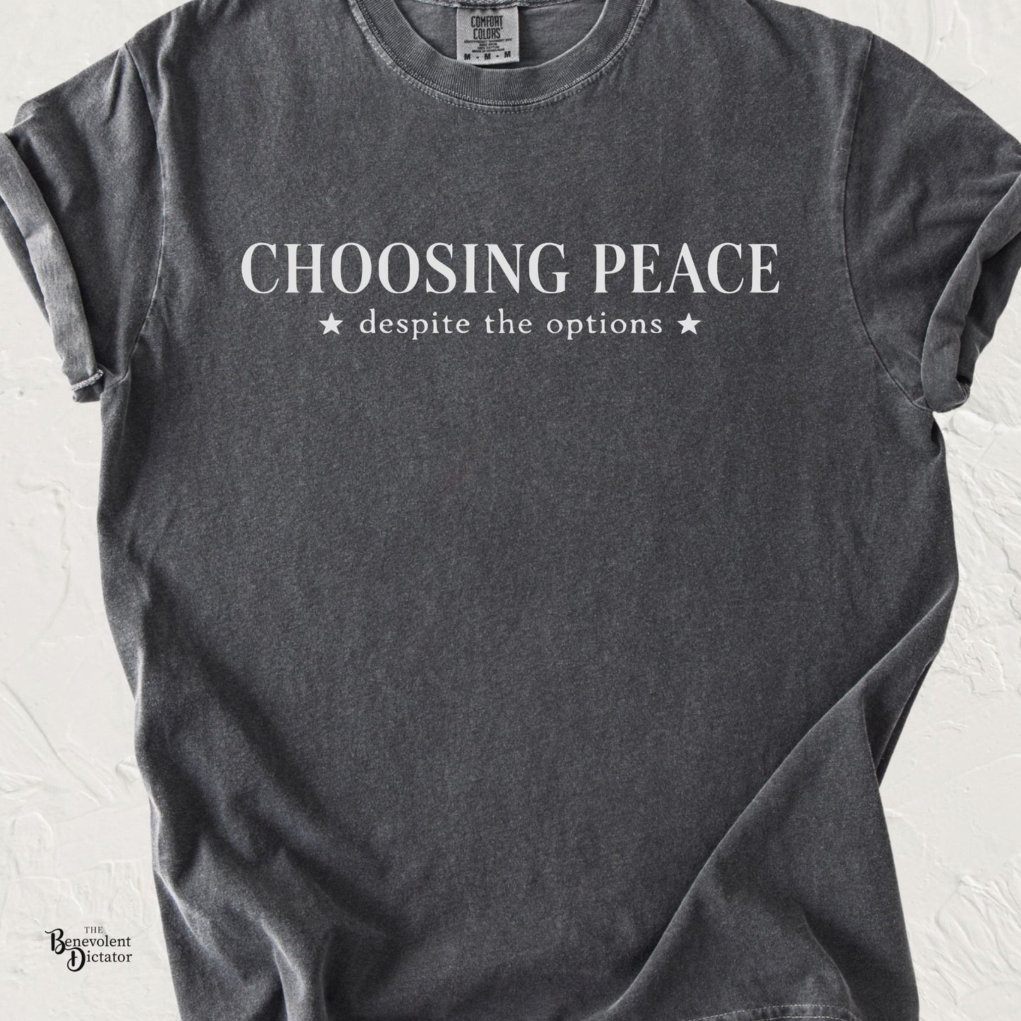 Typography t-shirt featuring the phrase Choosing Peace Despite the Options in clean vintage lettering.