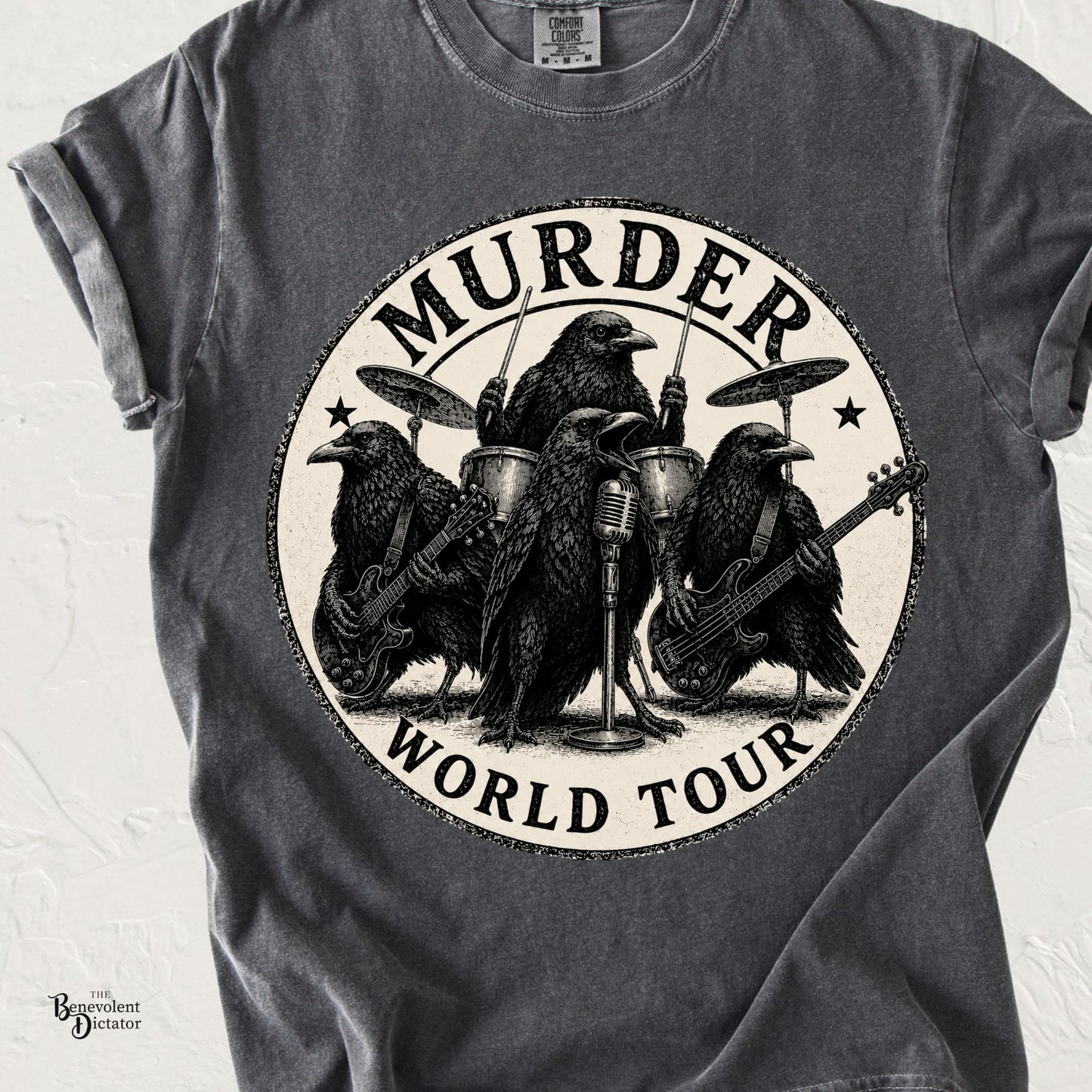 Funny crow t-shirt featuring a rock band of crows with the phrase Murder World Tour in vintage concert-style artwork.